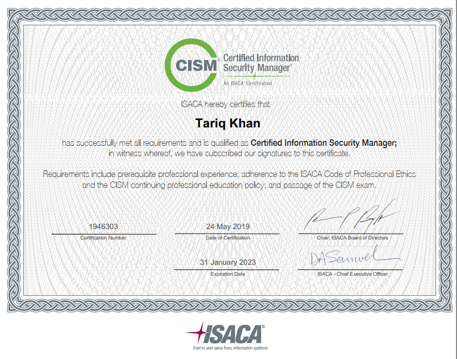 CISM Certificate — ISACA