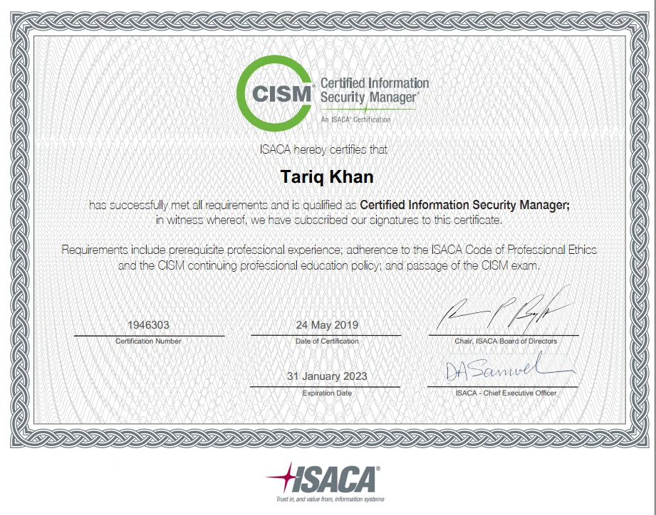 CISM Certificate — ISACA