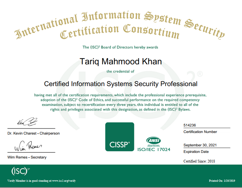 CISSP Certificate — (ISC)²