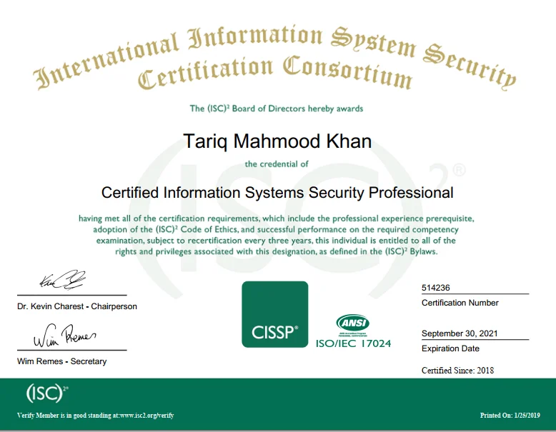 CISSP Certificate — (ISC)²